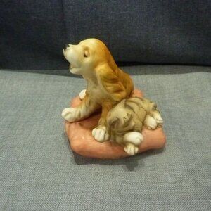 3.5 inch Porcelain hand painted Dog and Cat on Pillow